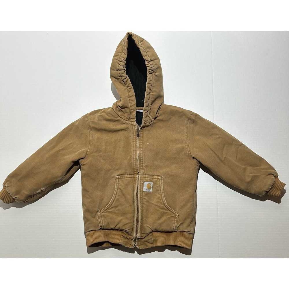 Carhartt Quilted Lined Hooded Jacket Youth Size 7-8 RN13706 Tan Canvas Coat